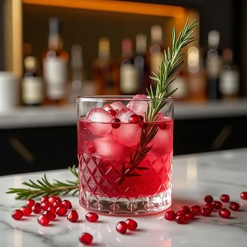 Vibrant rosemary pomegranate mocktail garnished with fresh sprig in a glass.
